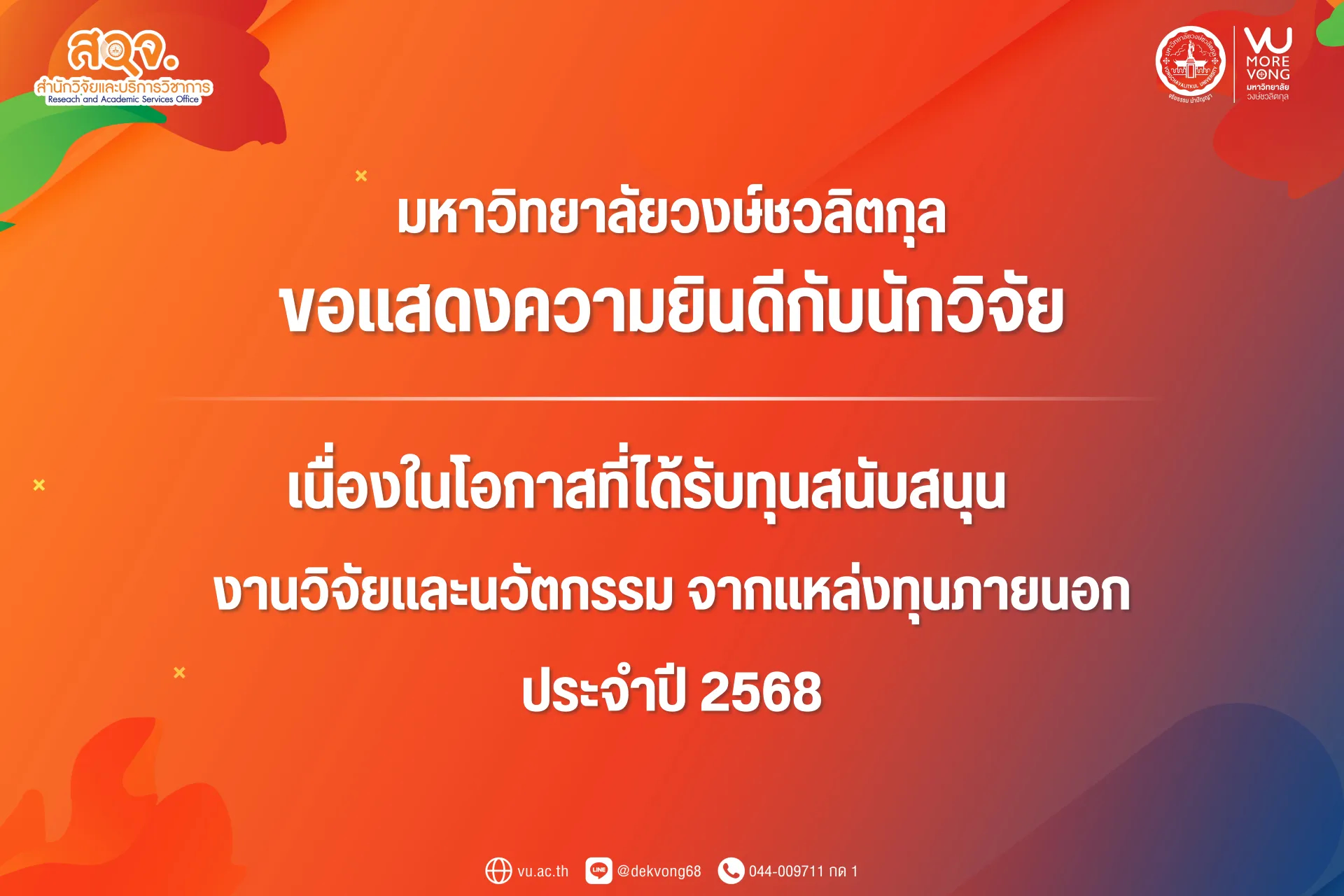 ⭐️มหาวิทยาลัยวงษ์ชวลิตกุล ขอแสดงความยินดีกับนักวิจัยในโอกาสได้รับทุนสนับสนุนงานวิจัยและนวัตกรรม จากแหล่งทุนภายนอก